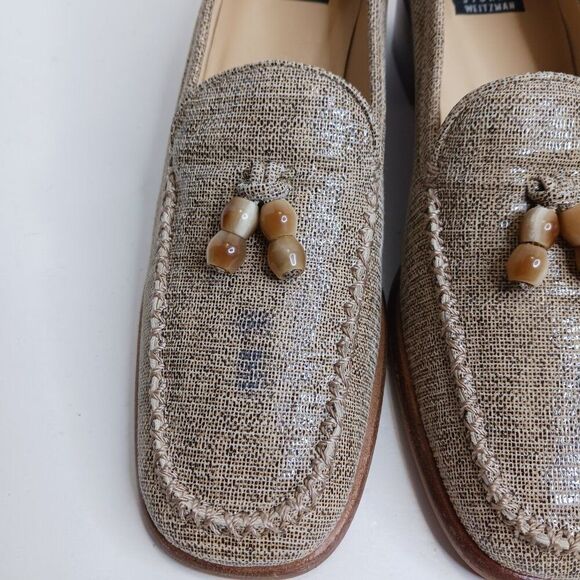 Stuart Weitzman Women's size 8AA Beaded Tassel Loafer Stacked Heel Shoes - Picture 3 of 9